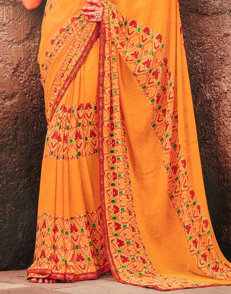 Mustard Coloured Geometric Print Chiffon Saree