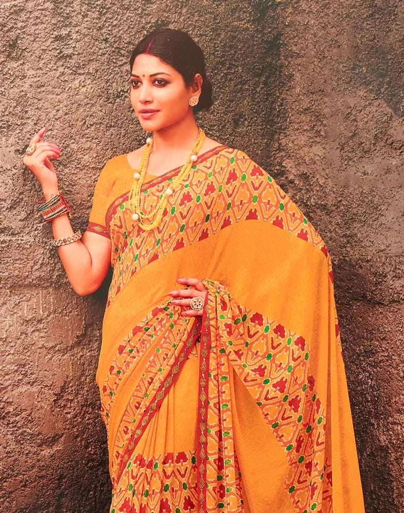 Mustard Coloured Geometric Print Chiffon Saree