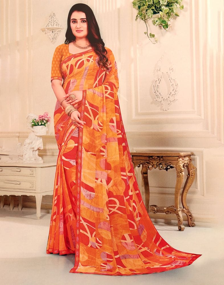 Light Orange Graphic Pattern Print Chiffon Saree