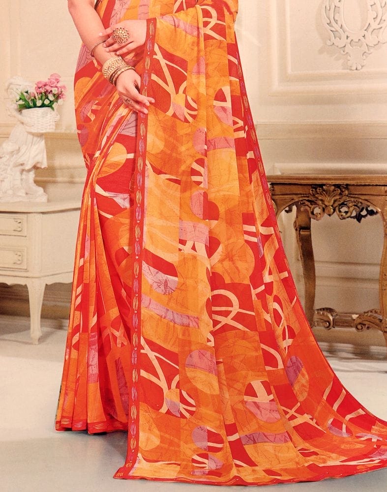 Light Orange Graphic Pattern Print Chiffon Saree