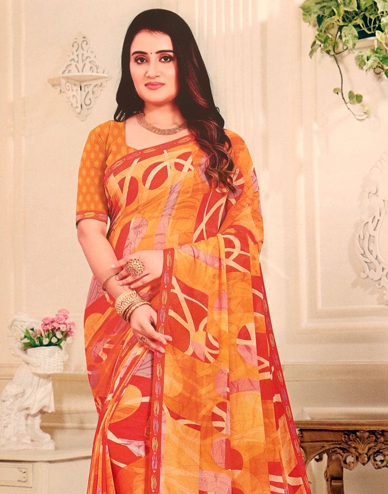 Light Orange Graphic Pattern Print Chiffon Saree