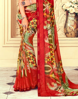 Collection of Red Graphic Print Chiffon Fabric Saree in a gallery layout