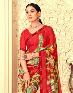 Collection of Red Graphic Print Chiffon Fabric Saree in a gallery layout