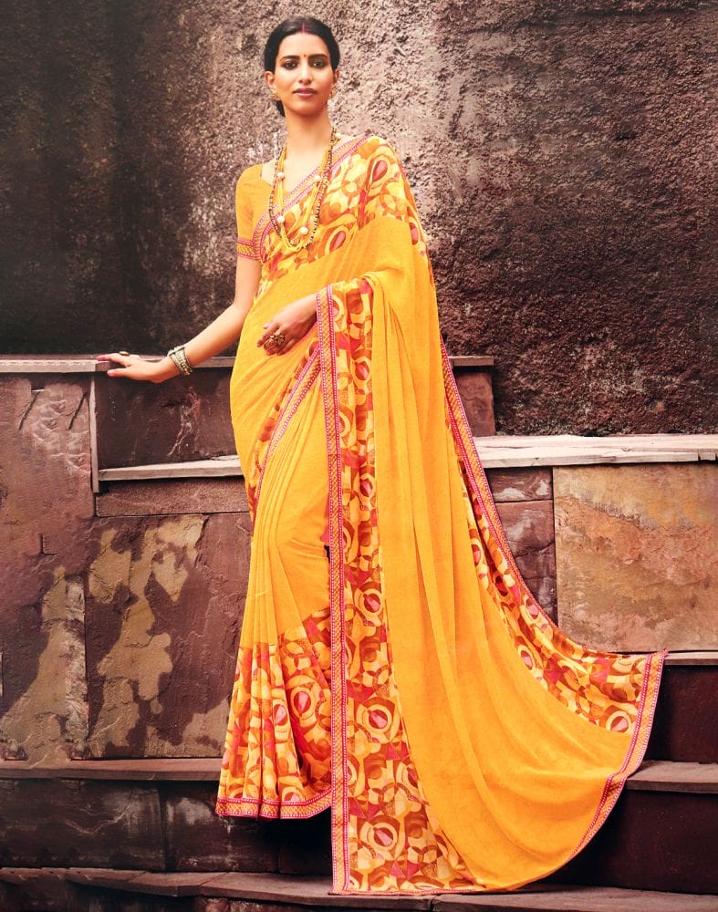 Mustard Self Design Print Chiffon Saree