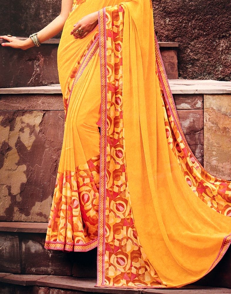 Mustard Self Design Print Chiffon Saree