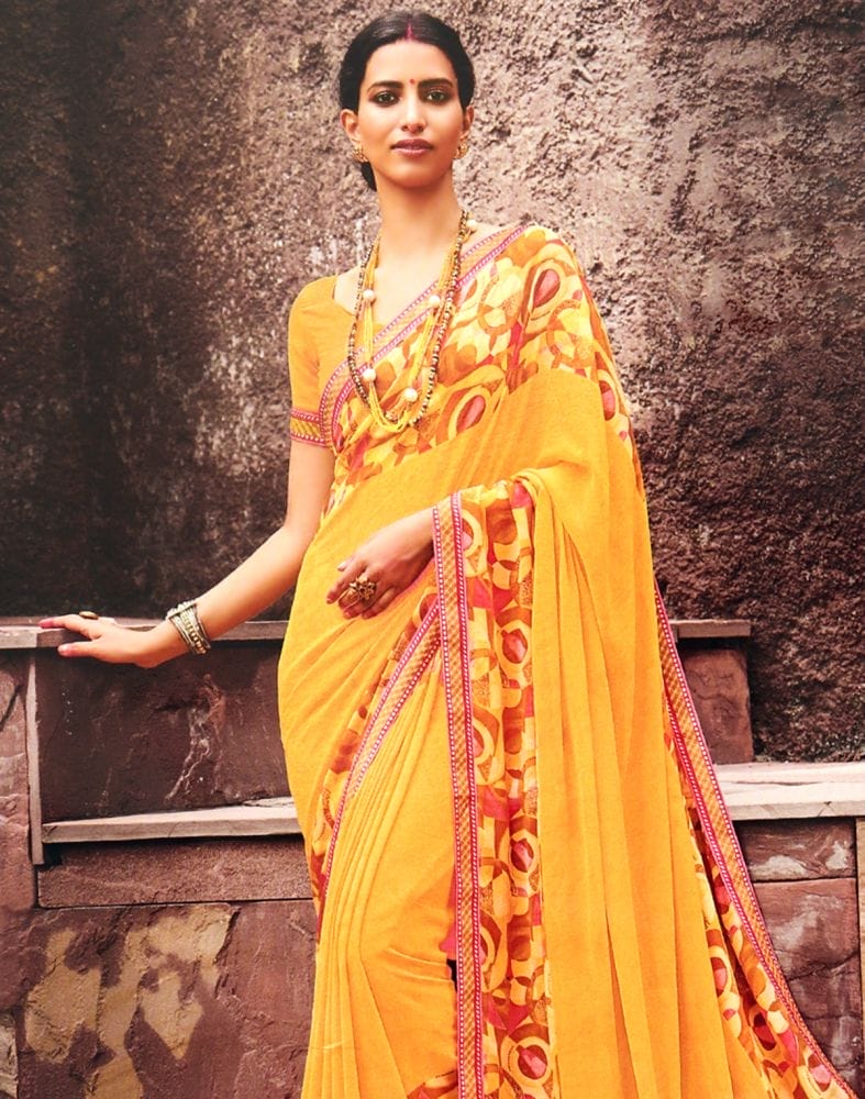 Mustard Self Design Print Chiffon Saree