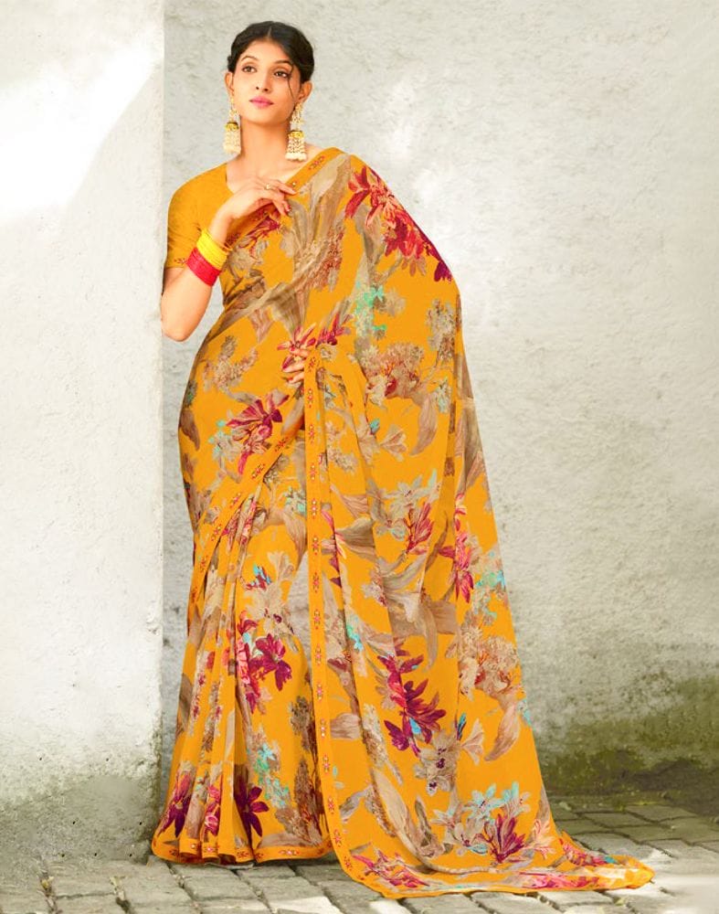 Mustard Floral Print Chiffon Fabric Saree