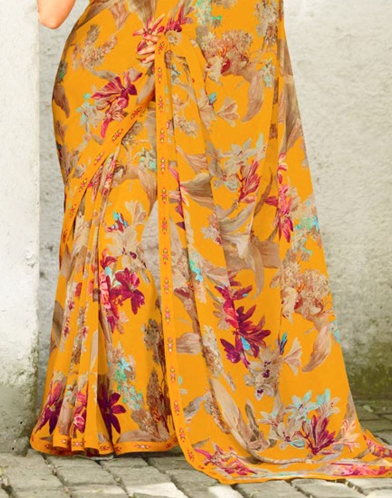 Collection of Mustard Floral Print Chiffon Fabric Saree in a gallery layout