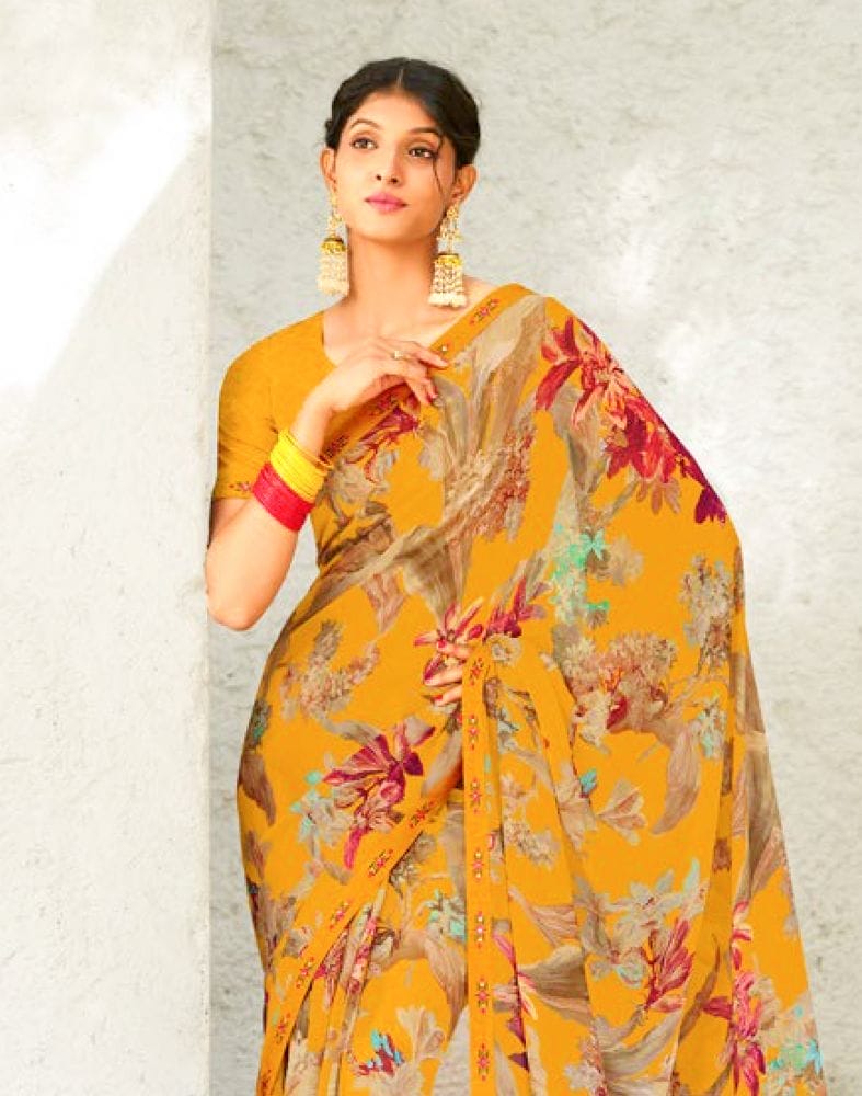 Mustard Floral Print Chiffon Fabric Saree