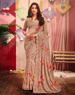 Collection of Light Grey Floral Pattern Print Chiffon Saree in a gallery layout