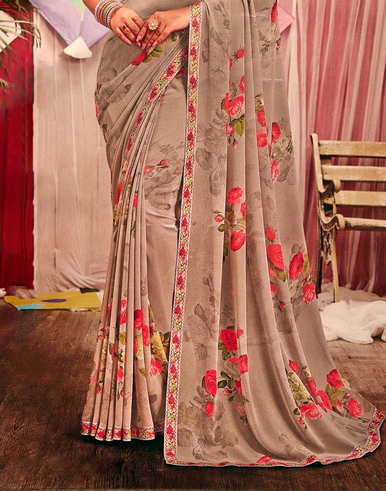 Collection of Light Grey Floral Pattern Print Chiffon Saree in a gallery layout