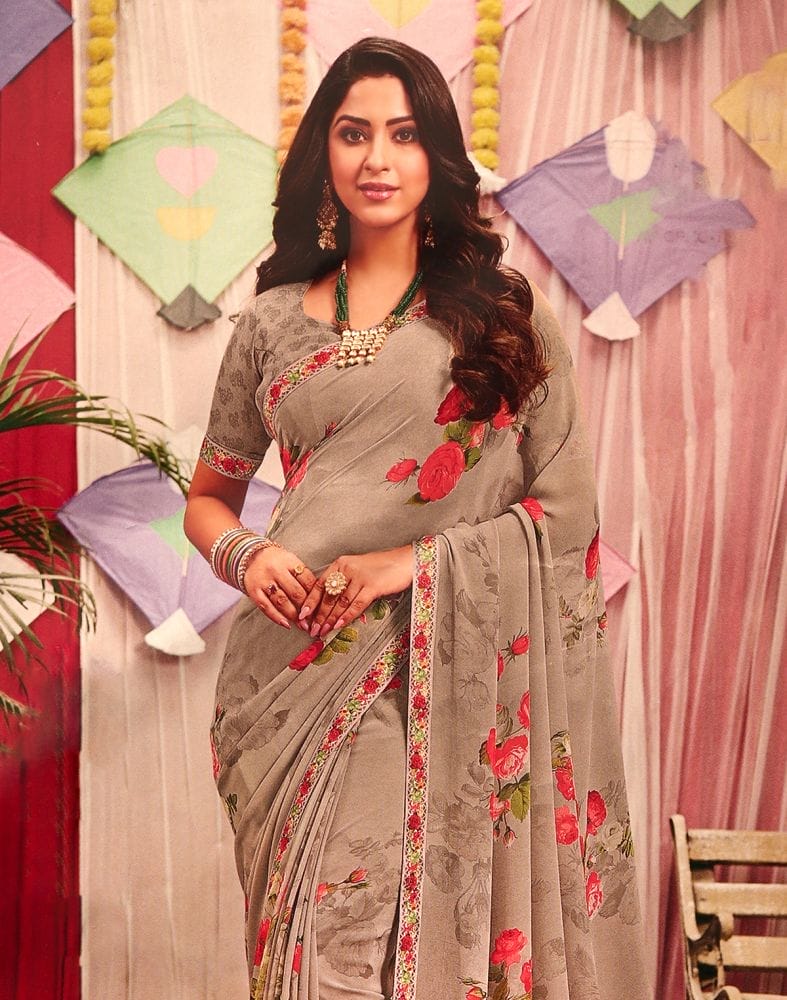 Collection of Light Grey Floral Pattern Print Chiffon Saree in a gallery layout