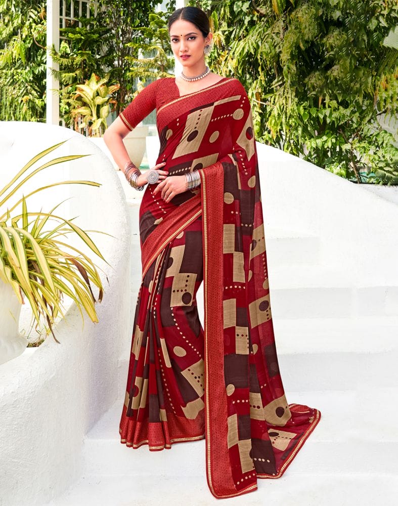 Maroon Checkered Print Chiffon Saree