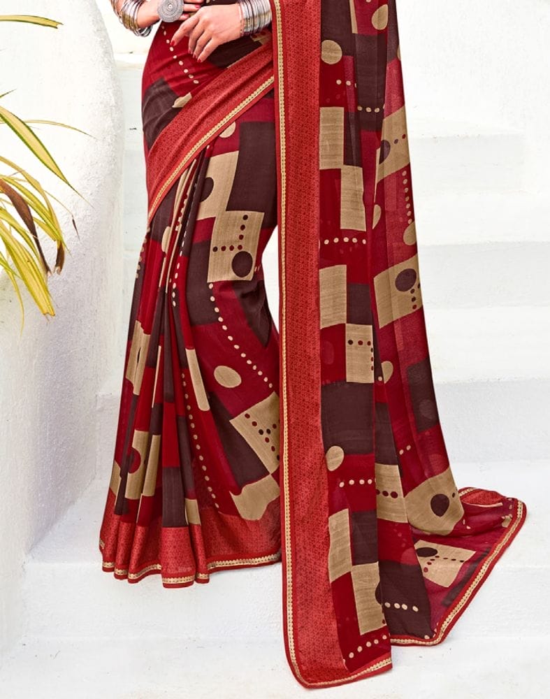 Maroon Checkered Print Chiffon Saree