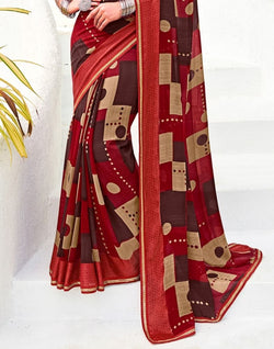 Collection of Maroon Checkered Print Chiffon Saree in a gallery layout