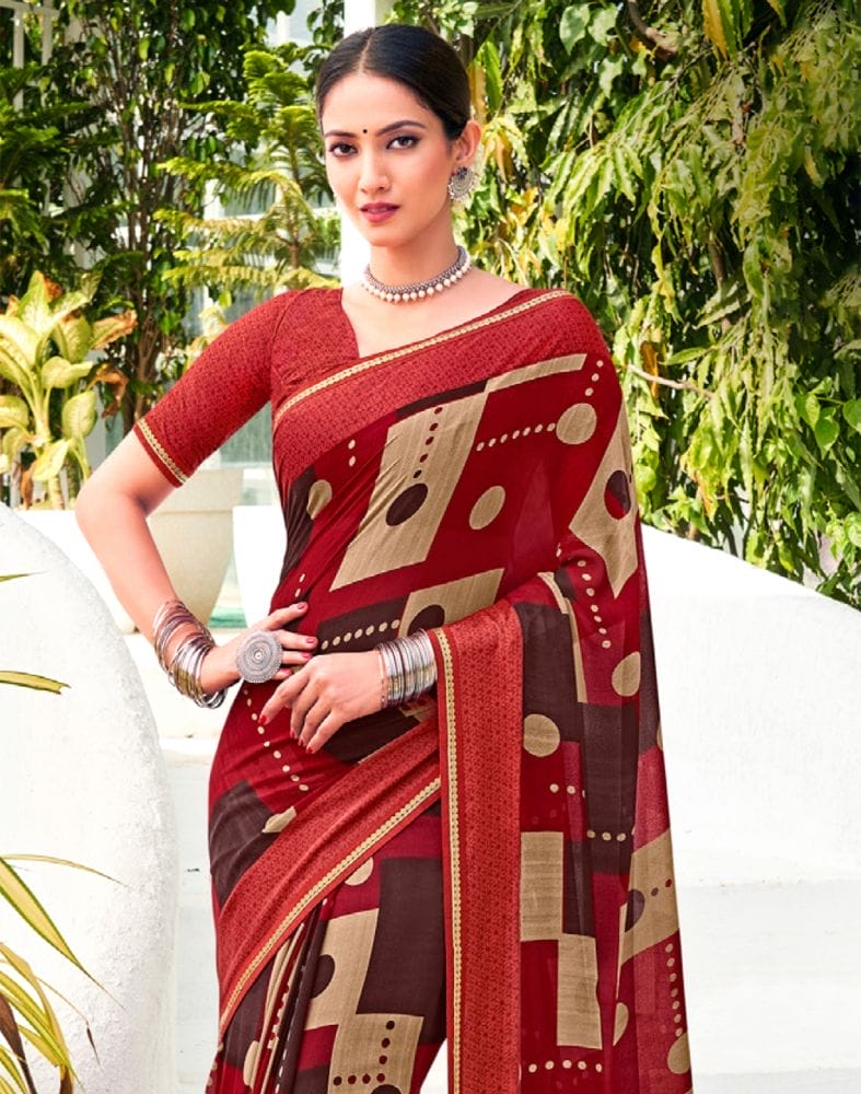 Collection of Maroon Checkered Print Chiffon Saree in a gallery layout