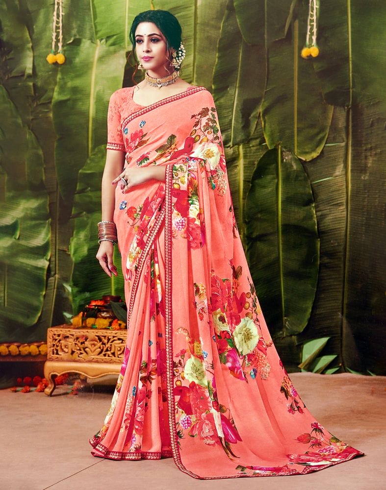 Peach Floral Pattern Print Chiffon Fabric Saree