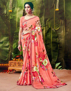 Collection of Peach Floral Pattern Print Chiffon Fabric Saree in a gallery layout