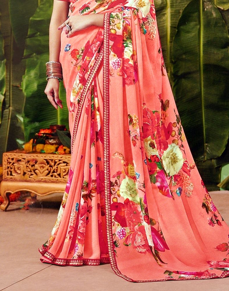 Collection of Peach Floral Pattern Print Chiffon Fabric Saree in a gallery layout