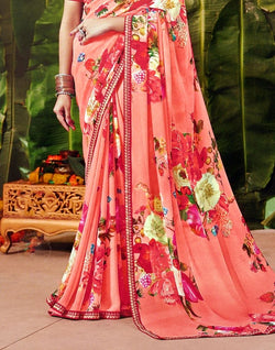 Collection of Peach Floral Pattern Print Chiffon Fabric Saree in a gallery layout