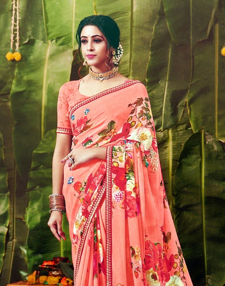 Peach Floral Pattern Print Chiffon Fabric Saree