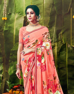 Collection of Peach Floral Pattern Print Chiffon Fabric Saree in a gallery layout