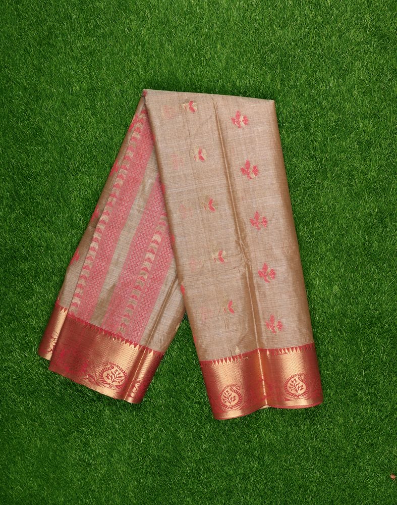 Beige Floral Weave Bengali Tissue Cotton Saree