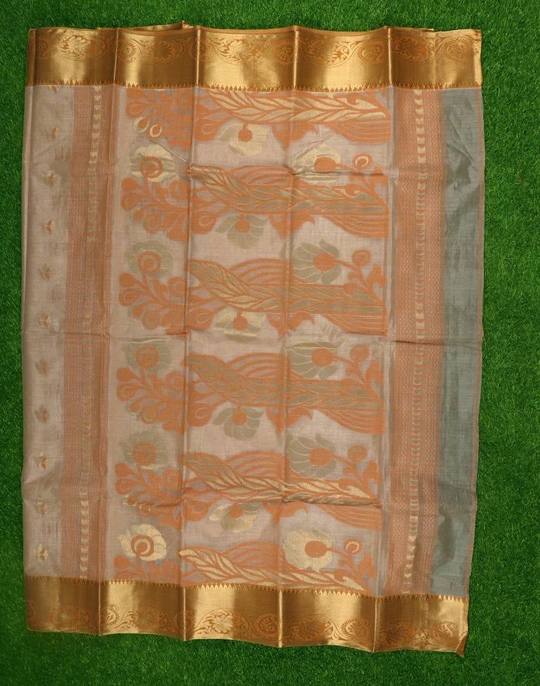 Collection of Orange Floral Weave Bengali Tissue Cotton Saree in a gallery layout