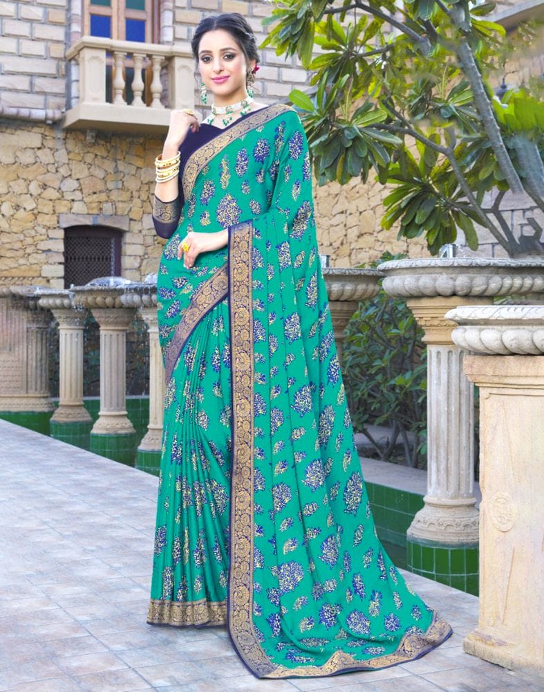 Collection of Green Coloured Floral Print Chiffon Fabric Saree in a gallery layout