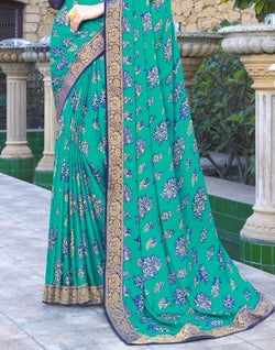 Collection of Green Coloured Floral Print Chiffon Fabric Saree in a gallery layout