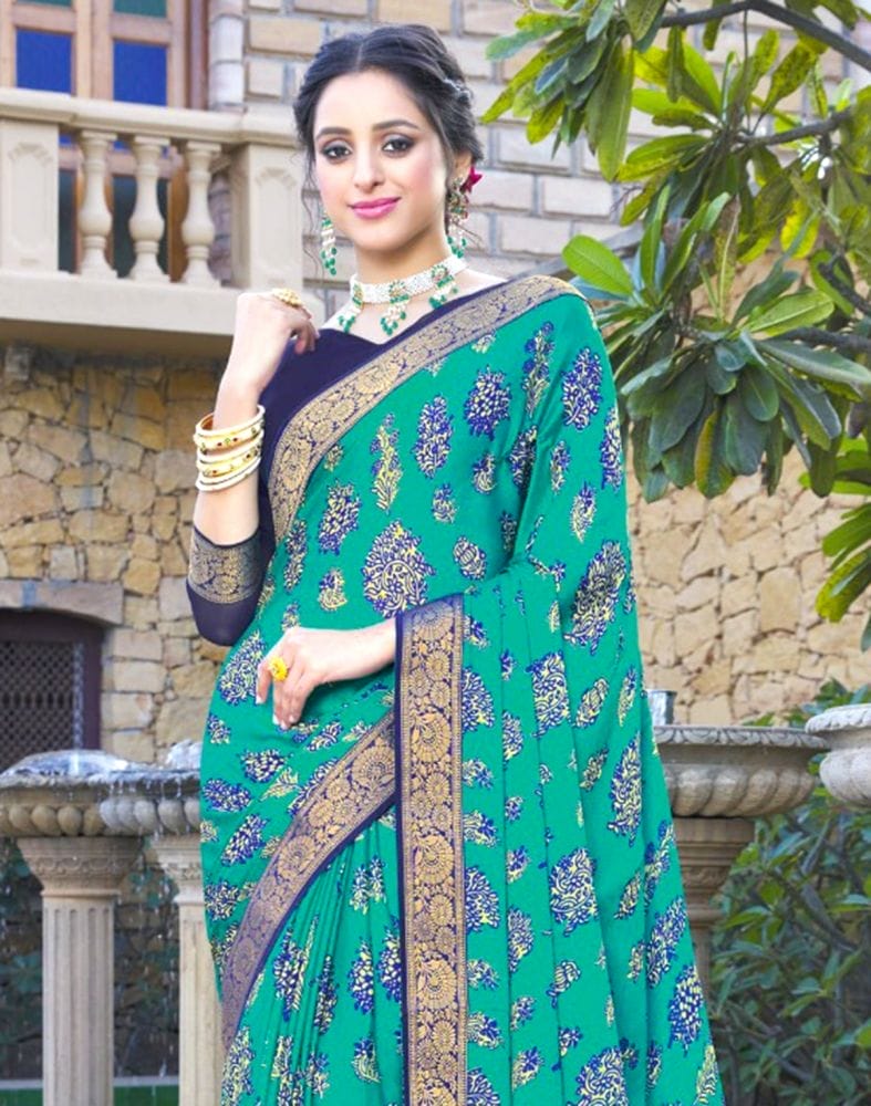 Collection of Green Coloured Floral Print Chiffon Fabric Saree in a gallery layout