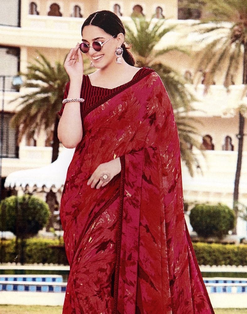 Magenta Floral Print Chiffon Saree