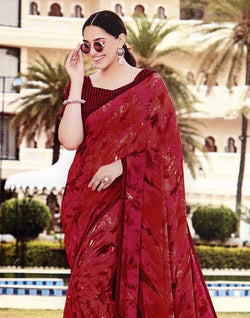 Collection of Magenta Floral Print Chiffon Saree in a gallery layout