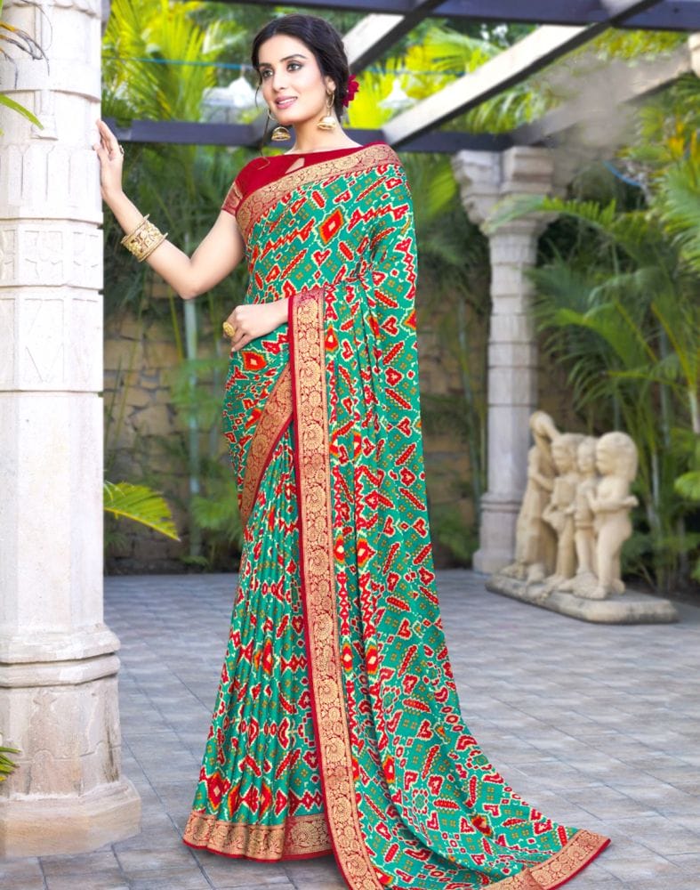 Rama Green Geometric Pattern Print Chiffon Saree