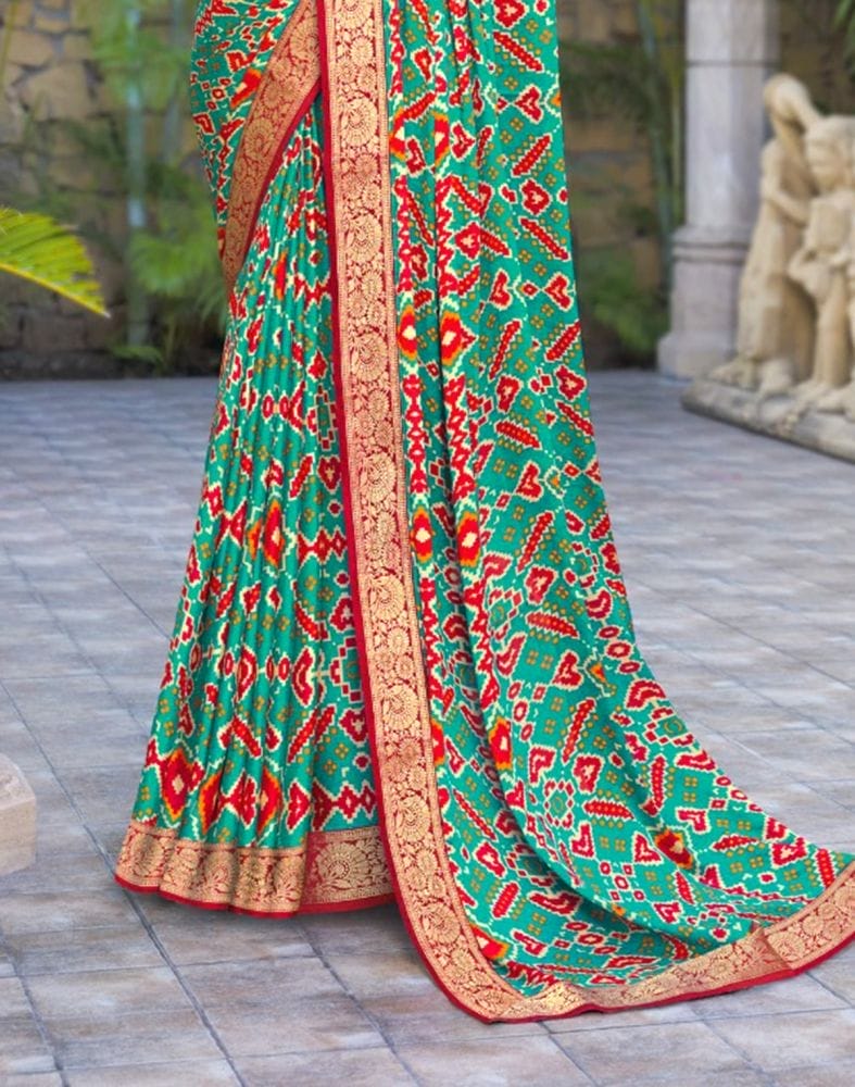 Rama Green Geometric Pattern Print Chiffon Saree