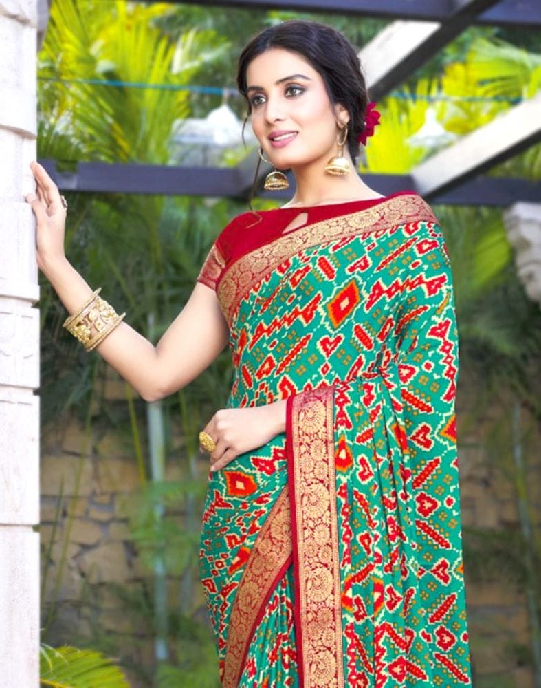 Rama Green Geometric Pattern Print Chiffon Saree