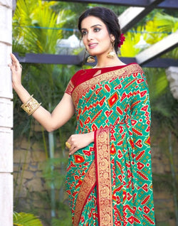 Collection of Rama Green Geometric Pattern Print Chiffon Saree in a gallery layout