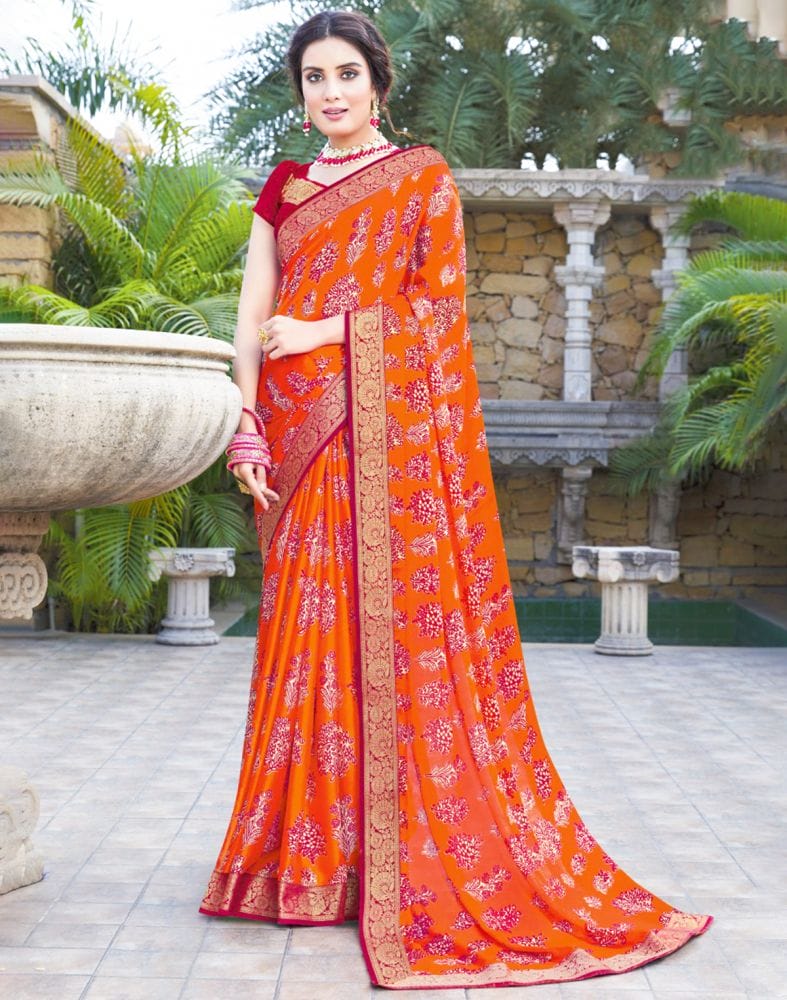 Collection of Orange Coloured Floral Pattern Print Chiffon Saree in a gallery layout