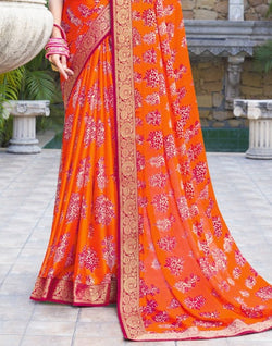 Collection of Orange Coloured Floral Pattern Print Chiffon Saree in a gallery layout