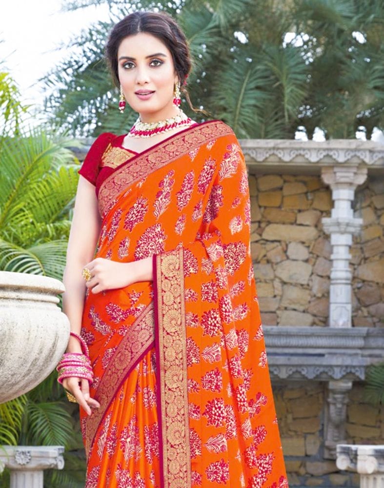 Collection of Orange Coloured Floral Pattern Print Chiffon Saree in a gallery layout