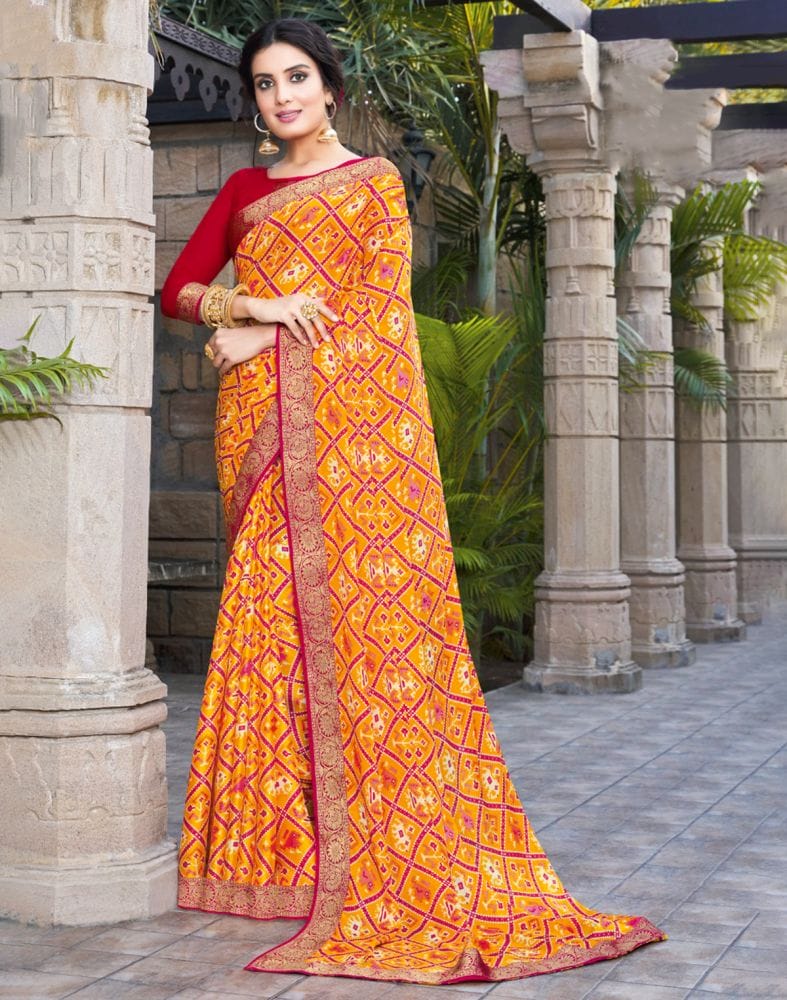 Collection of Mustard Geometric Print Chiffon Saree in a gallery layout