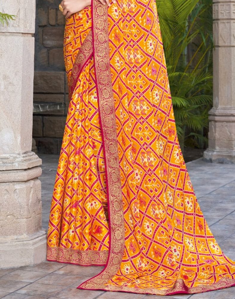 Collection of Mustard Geometric Print Chiffon Saree in a gallery layout