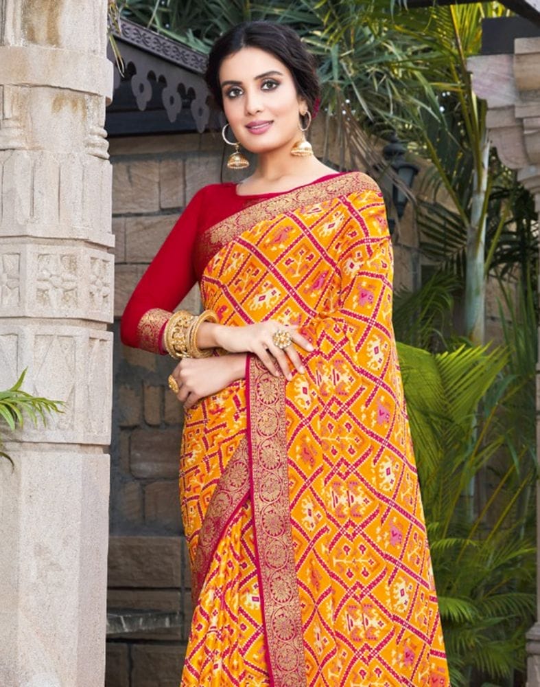 Collection of Mustard Geometric Print Chiffon Saree in a gallery layout