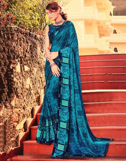 Collection of Peacock Blue Geometric Print Chiffon Saree in a gallery layout