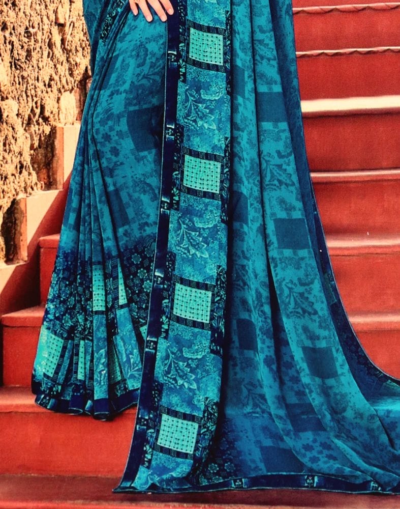 Collection of Peacock Blue Geometric Print Chiffon Saree in a gallery layout