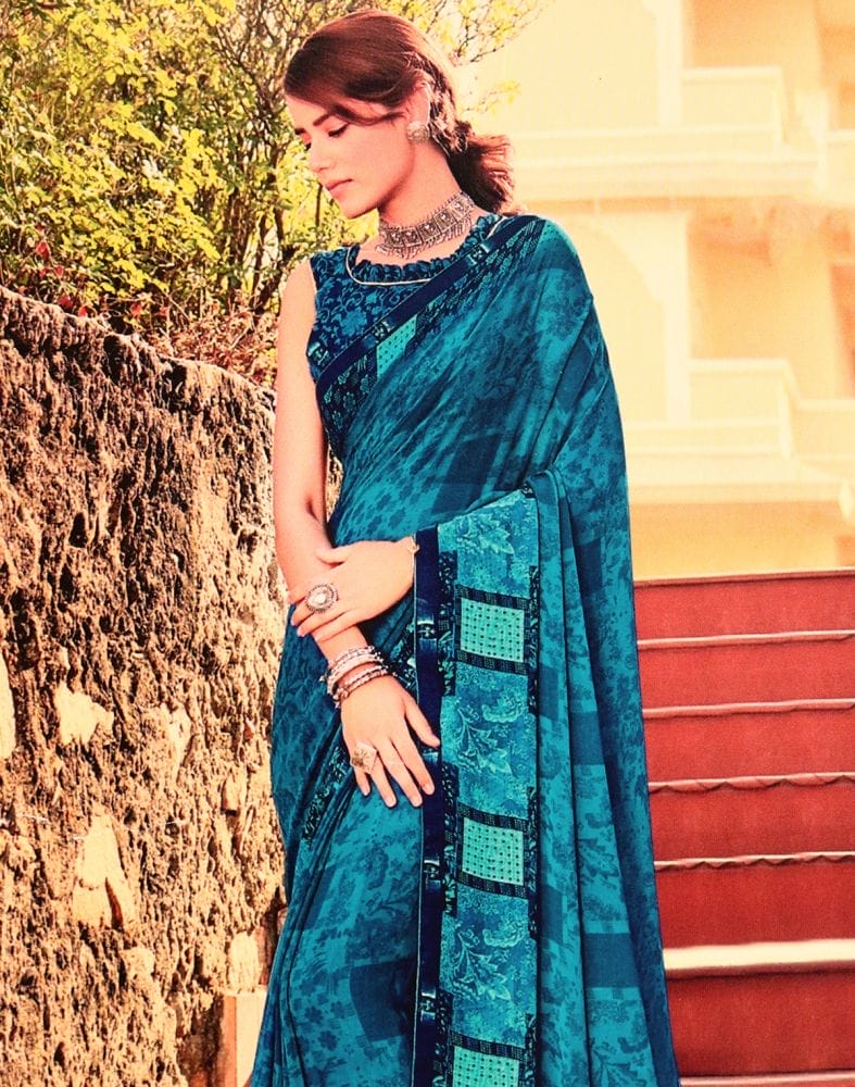 Peacock Blue Geometric Print Chiffon Saree