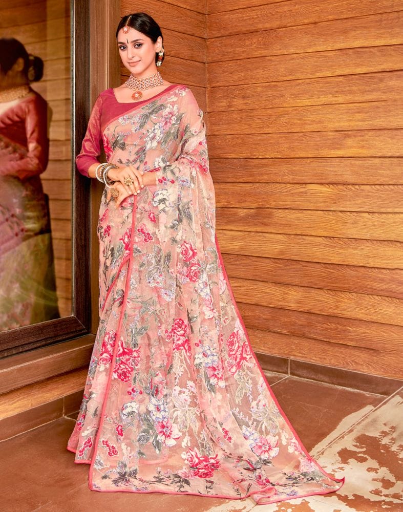 Collection of Peach Floral Print Tissue Saree in a gallery layout