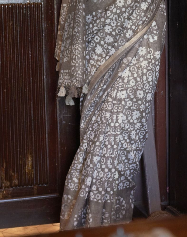 Gleaming Brown Coloured Floral Print Cotton Saree