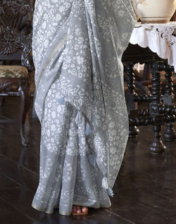 Collection of Exclusive Grey Floral Print Cotton Saree in a gallery layout