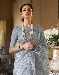 Collection of Exclusive Grey Floral Print Cotton Saree in a gallery layout